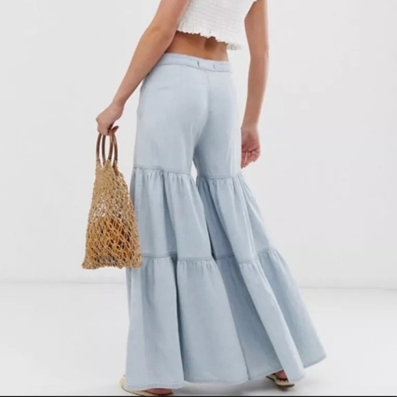 free people wide legged tiered chambray pants - Picture 2 of 5